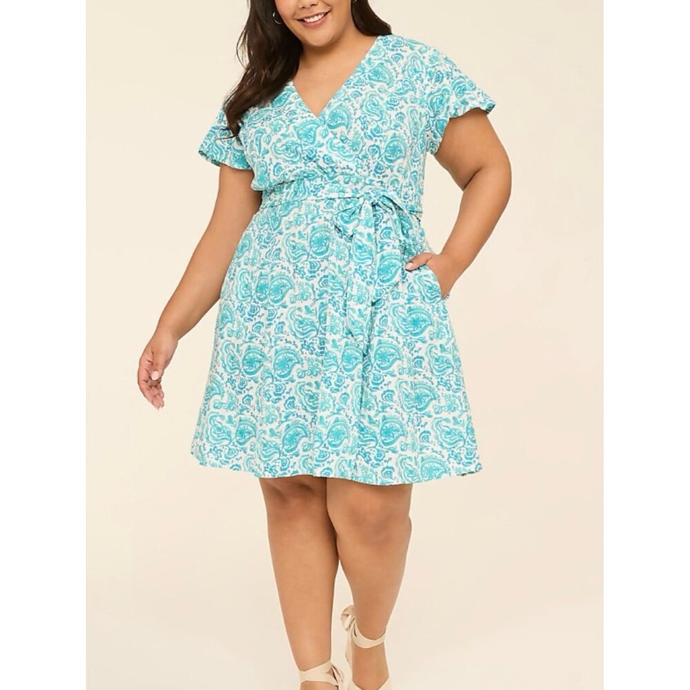 Lane Bryant Dress 24 Turquoise White Paisley Floral Wrap Flutter Sleeve Cotton